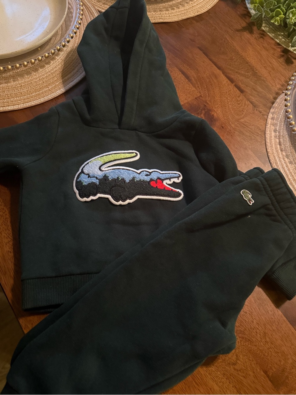 Lacoste Dark Green Hoodie and Sweatpants Set with Multicolor Croc Patch 18 month